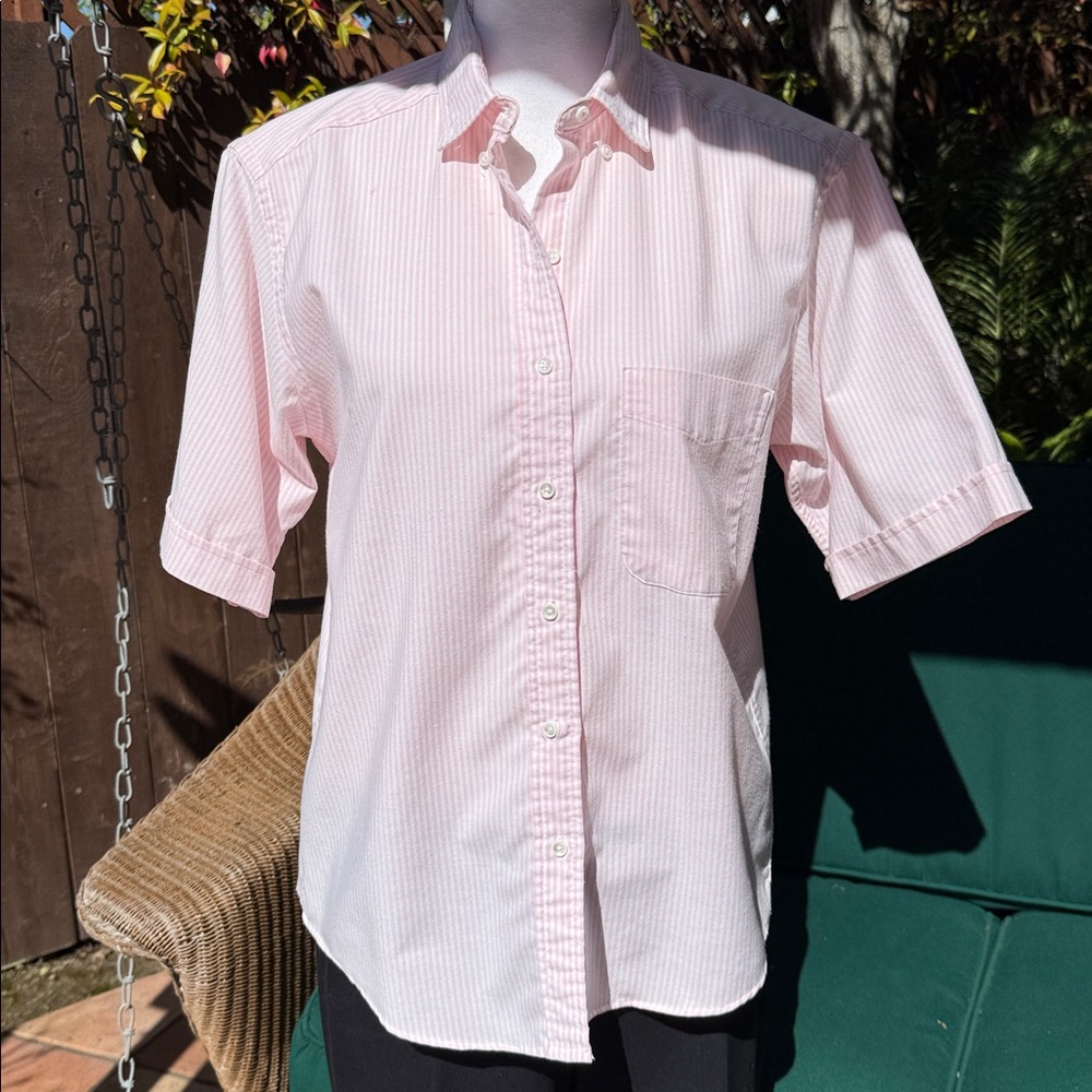 Lands' End Women's Light Pink and White Striped Button Shirt